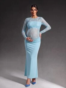 Cheriluna Maternity 淺藍色蕾絲長袖長洋裝，附百褶與魚尾裙擺，孕婦拍照服裝 - 淺藍色 - 查看 1