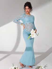 Cheriluna Maternity 淺藍色蕾絲長袖長洋裝，附百褶與魚尾裙擺，孕婦拍照服裝 - 淺藍色 - 查看 7