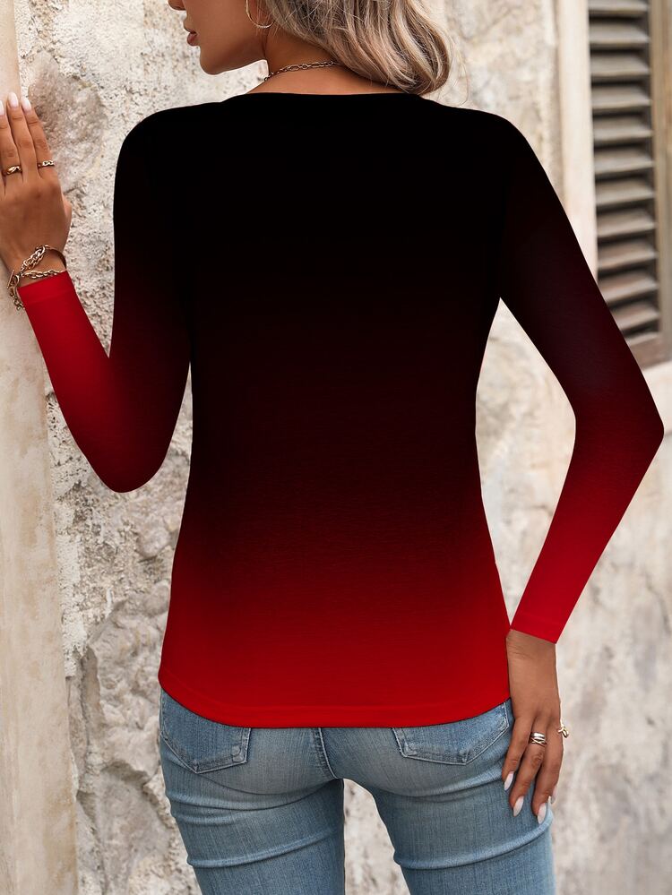 Omancia Women V-Neck Ombre Long Sleeve Casual T-Shirt, Autumn For Spring Fall Cloth For Women - Multicolor - View 2