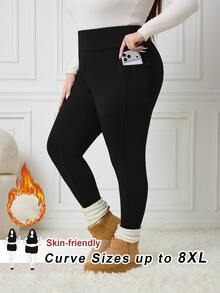 SHEIN CURVE+ Plus Size Thick Black Leggings With Pockets, Suitable For Winter 5XL-8XL - Black - View 8
