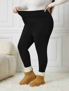SHEIN CURVE+ Plus Size Thick Black Leggings With Pockets, Suitable For Winter 5XL-8XL - Black - View 6