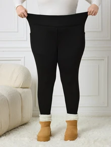 SHEIN CURVE+ Plus Size Thick Black Leggings With Pockets, Suitable For Winter 5XL-8XL - Black - View 10