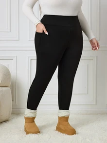 SHEIN CURVE+ Plus Size Thick Black Leggings With Pockets, Suitable For Winter 5XL-8XL - Black - View 5