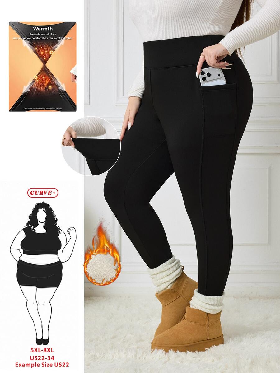 SHEIN CURVE+ Plus Size Thick Black Leggings With Pockets, Suitable For Winter 5XL-8XL - Black - View 1