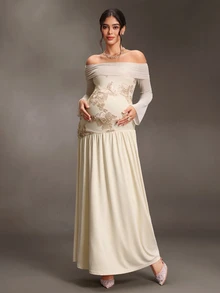 Cheriluna Maternity Maternity White Autumn Cold Shoulder Jacquard Chiffon Mesh Lace Embroidered Pleated Flare Long Sleeve Evening Dress Fall Baby Shower - Beige - View 4