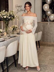 Cheriluna Maternity Maternity White Autumn Cold Shoulder Jacquard Chiffon Mesh Lace Embroidered Pleated Flare Long Sleeve Evening Dress Fall Baby Shower - Beige - View 9