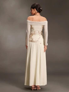 Cheriluna Maternity Maternity White Autumn Cold Shoulder Jacquard Chiffon Mesh Lace Embroidered Pleated Flare Long Sleeve Evening Dress Fall Baby Shower - Beige - View 3
