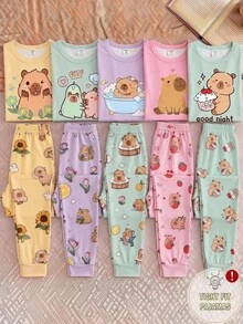 Tween Girls Pajamas New Groundhog Cake Print High Elastic Round Neck Top And All-Over Print Long Pants 2 Pieces Set Snug Fit Autumn/Winter Pajamas - Multicolor - View 4