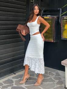 Ronhire White Lace Vest Fishtail Skirt Two-Piece Set,Elegant Bridal Wedding Summer Women Outfits,Dreamy Formal Prom Bridesmaid Dinner Birthday Ruffle Set - White - View 6