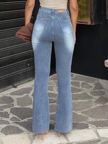 Ronhire Jeans Denim Biru Pudar Pinggang Tinggi Model Flare Leg Jeans Bootcut - Biru - View 2
