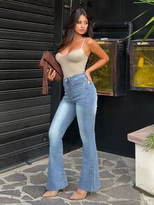 Ronhire Jeans Denim Biru Pudar Pinggang Tinggi Model Flare Leg Jeans Bootcut - Biru - View 5