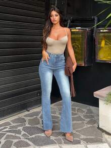 Ronhire Jeans Denim Biru Pudar Pinggang Tinggi Model Flare Leg Jeans Bootcut - Biru - View 6