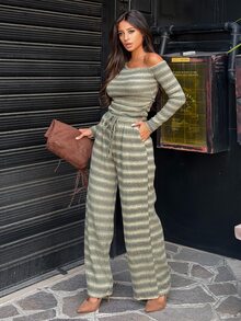 Ronhire Setelan 2 Potong untuk Wanita: Atasan Rajut Elastis Nyaman dengan Kerah Asimetris Lengan Panjang dan Celana Jogging Lebar - MultiWarna - View 5