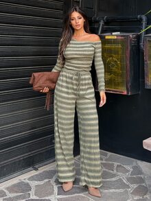 Ronhire Setelan 2 Potong untuk Wanita: Atasan Rajut Elastis Nyaman dengan Kerah Asimetris Lengan Panjang dan Celana Jogging Lebar - MultiWarna - View 6