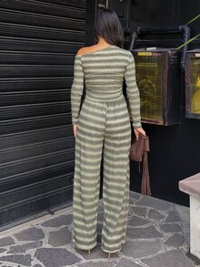 Ronhire Setelan 2 Potong untuk Wanita: Atasan Rajut Elastis Nyaman dengan Kerah Asimetris Lengan Panjang dan Celana Jogging Lebar - MultiWarna - View 2