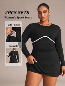 SHEIN Rhythm Era Women's Plus Size Round Neck Long Sleeve Sports Dress With Shorts Fall - Black and White - View 6