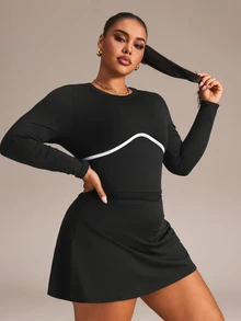 SHEIN Rhythm Era Women's Plus Size Round Neck Long Sleeve Sports Dress With Shorts Fall - Black and White - View 5