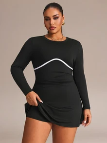 SHEIN Rhythm Era Women's Plus Size Round Neck Long Sleeve Sports Dress With Shorts Fall - Black and White - View 4