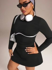 SHEIN Rhythm Era Women's Plus Size Round Neck Long Sleeve Sports Dress With Shorts Fall - Black and White - View 8