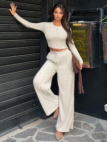 Ronhire Women Grey Fall Winter Casual Lounge 2-Piece Set,Plush Ribbed Fabric Open Front Ruched Design Adjustable WaistbTextured Outing Commuting Home Office - Apricot - View 4
