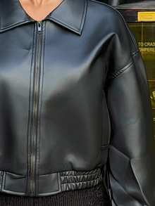 Ronhire Spring New Vintage Leather Jacket, Short Style, Regular Fit, Suitable For Women, Valentine's Day Outerwear - Black - View 3