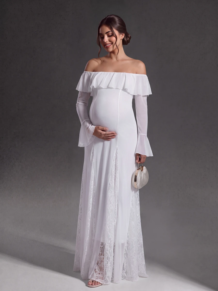 Cheriluna Maternity Maternity Off Shoulder Flare Sleeve Elegant Dress, Photoshoot Outfit - White - View 1