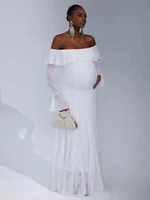 Cheriluna Maternity Maternity Off Shoulder Flare Sleeve Elegant Dress, Photoshoot Outfit - White - View 5