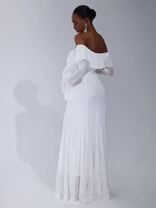 Cheriluna Maternity Maternity Off Shoulder Flare Sleeve Elegant Dress, Photoshoot Outfit - White - View 3
