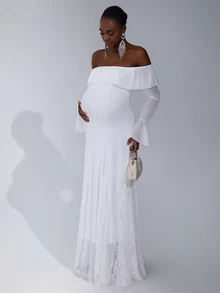 Cheriluna Maternity Maternity Off Shoulder Flare Sleeve Elegant Dress, Photoshoot Outfit - White - View 2