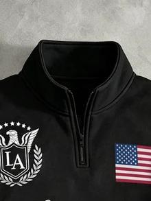 STYNVO Men's Half-Zip Pullover Sweatshirt, Black Sweatshirt With Stand Collar, American Flag And Contrast Letter Badge Prints, Loose Drop Shoulder Short Fit, - Black - View 3