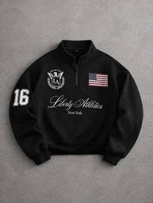 STYNVO Men's Half-Zip Pullover Sweatshirt, Black Sweatshirt With Stand Collar, American Flag And Contrast Letter Badge Prints, Loose Drop Shoulder Short Fit, - Black - View 1