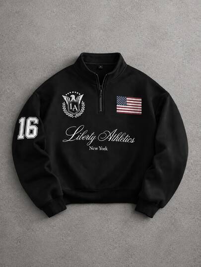 STYNVO Men's Half-Zip Pullover Sweatshirt, Black Sweatshirt With Stand Collar, American Flag And Contrast Letter Badge Prints, Loose Drop Shoulder Short Fit,