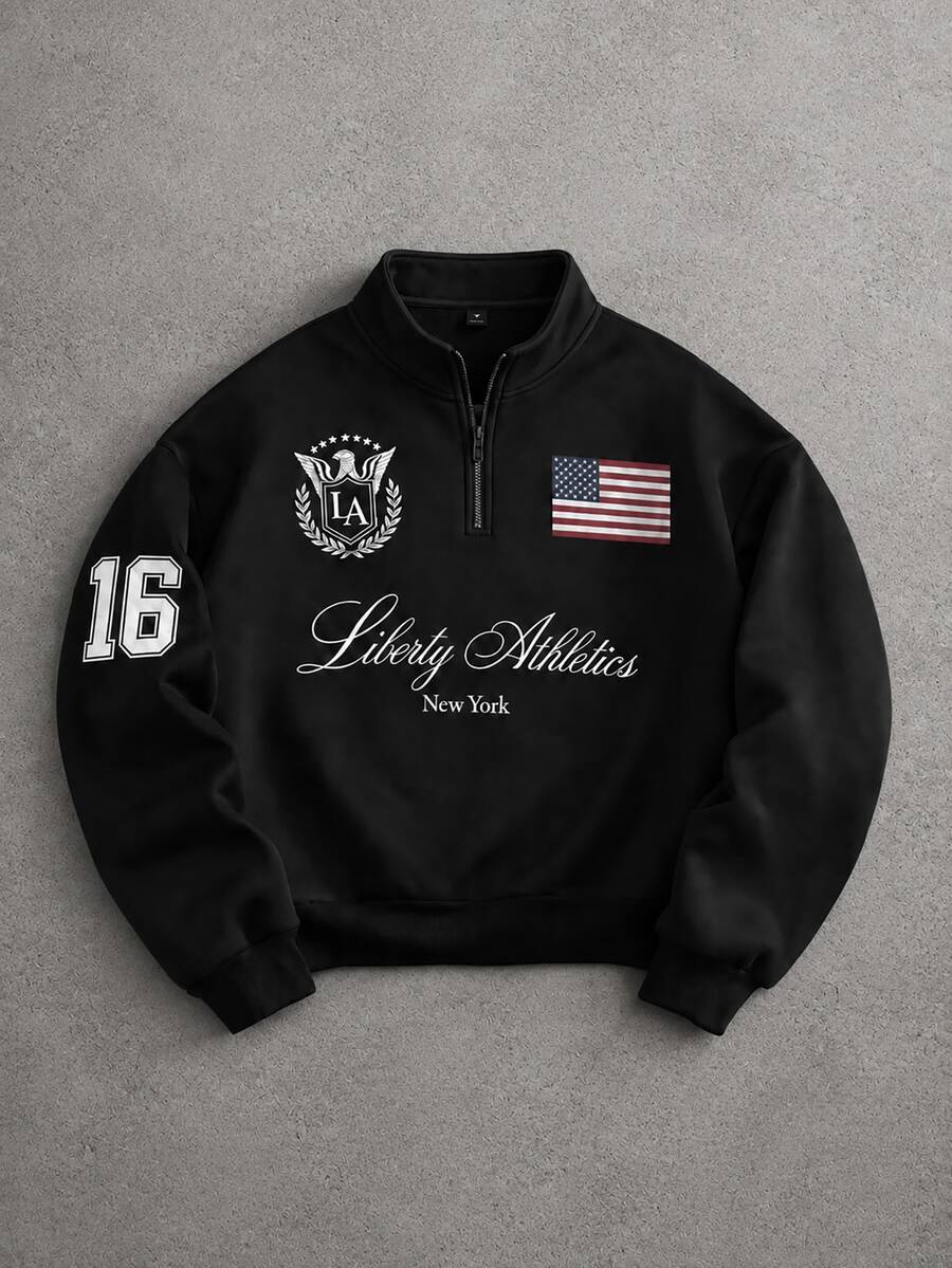 STYNVO Men's Half-Zip Pullover Sweatshirt, Black Sweatshirt With Stand Collar, American Flag And Contrast Letter Badge Prints, Loose Drop Shoulder Short Fit, - Black - View 1