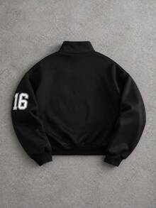 STYNVO Men's Half-Zip Pullover Sweatshirt, Black Sweatshirt With Stand Collar, American Flag And Contrast Letter Badge Prints, Loose Drop Shoulder Short Fit, - Black - View 2