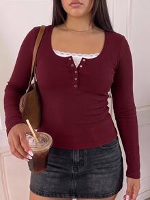 Comfortcana Plus Size Women's Casual Christmas Red Patchwork Lace Trim Henley Neck Long Sleeve Top - Burgundy - View 1