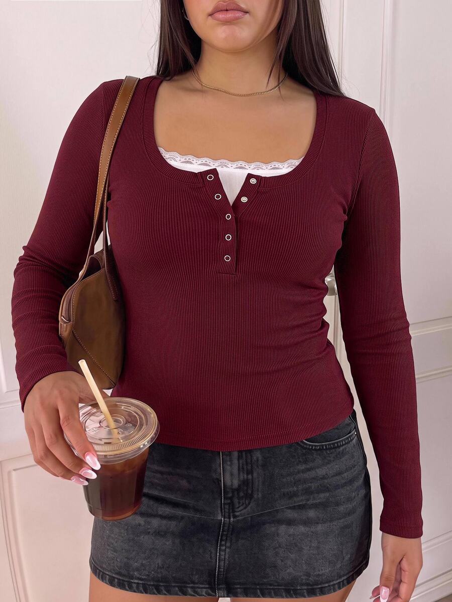 Comfortcana Plus Size Women's Casual Christmas Red Patchwork Lace Trim Henley Neck Long Sleeve Top - Burgundy - View 1