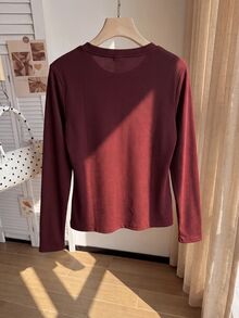 Comfortcana Plus Size Women's Casual Christmas Red Patchwork Lace Trim Henley Neck Long Sleeve Top - Burgundy - View 2