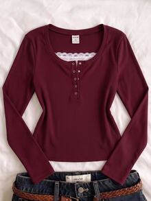 Comfortcana Plus Size Women's Casual Christmas Red Patchwork Lace Trim Henley Neck Long Sleeve Top - Burgundy - View 3