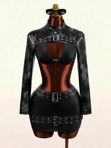 Mistrie Jaket Pendek Wanita Seksi dengan Motif Buaya Timbul dan Kancing Bentuk Katak - Hitam - View 5
