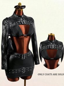 Mistrie Jaket Pendek Wanita Seksi dengan Motif Buaya Timbul dan Kancing Bentuk Katak - Hitam - View 2