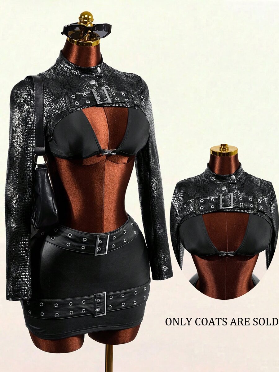 Mistrie Jaket Pendek Wanita Seksi dengan Motif Buaya Timbul dan Kancing Bentuk Katak