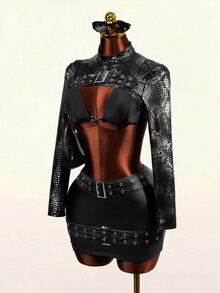 Mistrie Jaket Pendek Wanita Seksi dengan Motif Buaya Timbul dan Kancing Bentuk Katak - Hitam - View 7