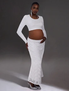 Cheriluna Maternity Maternity Lace Long Sleeve Maxi Dress, 2pcs Set For Pregnancy Photo Shoot - White - View 1