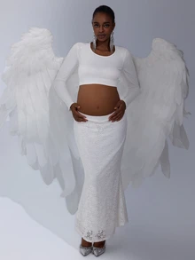Cheriluna Maternity Maternity Lace Long Sleeve Maxi Dress, 2pcs Set For Pregnancy Photo Shoot - White - View 5