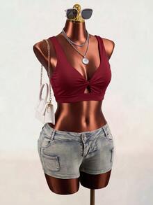 SHEIN Core Rhythm Women's Solid Color Twisted Cutout Design Daily Fitness Sports Bra - Burgundy - View 7