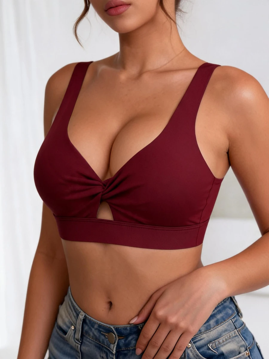 SHEIN Core Rhythm Women's Solid Color Twisted Cutout Design Daily Fitness Sports Bra - Burgundy - View 1