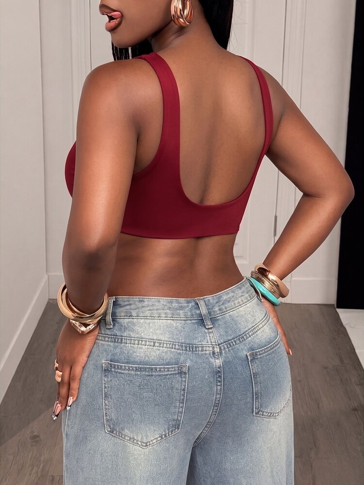 SHEIN Core Rhythm Bra Olahraga Wanita Warna Polos dengan Desain Potongan Melilit untuk Aktivitas Harian - Burgundy - View 2