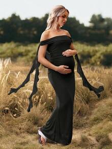 Cheriluna Maternity 纯色露肩露背长款孕妇连衣裙，适合迎婴派对、圣诞派对、优雅聚会等场合。 - 黑色 - 查看 5