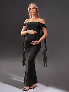 Cheriluna Maternity 纯色露肩露背长款孕妇连衣裙，适合迎婴派对、圣诞派对、优雅聚会等场合。 - 黑色 - 查看 1
