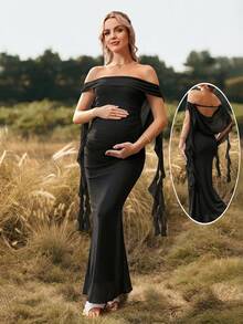 Cheriluna Maternity 纯色露肩露背长款孕妇连衣裙，适合迎婴派对、圣诞派对、优雅聚会等场合。 - 黑色 - 查看 2